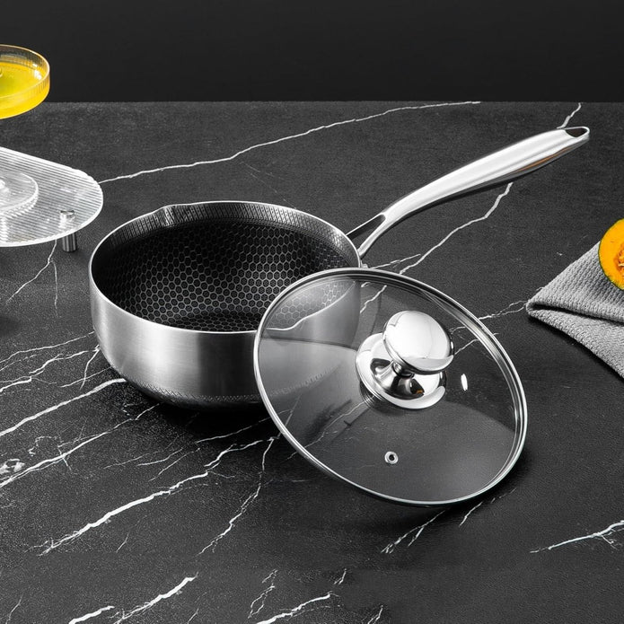 18cm 316L Stainless Steel Saucepan Compound Steel Honeycomb Nonstick Sauce Pan with Glass Lid 1.5L Pot Stay-Cool Handle Multipurpose Milk Saucepan, Induction Capable and Gas Stove - Image 3