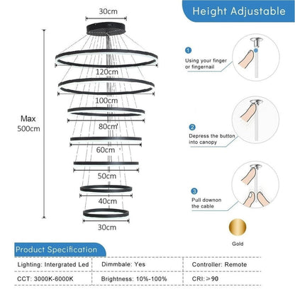 BAMDECOR A18815 Nordic Home Decor Dining Room Pendant lamp lights Ceiling Lamp Hanging Light Chandelier Lamps (7 Rings-Black) - Image 8
