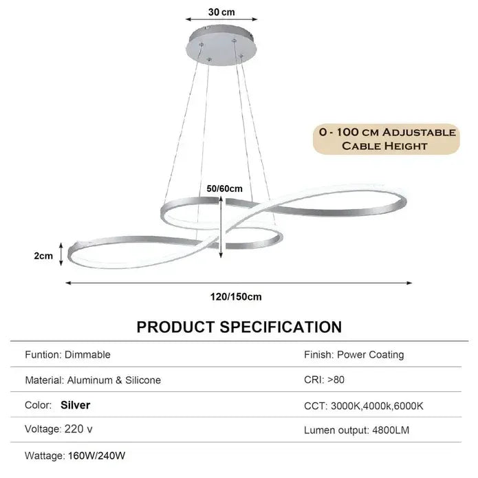 BAMDECOR A022 Modern Designer Infinity LED Chandelier Island Ceiling Pendant Light (120/150cm-Silver) - Image 4