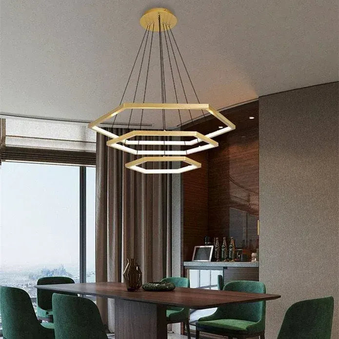 BAMDECOR AD2582/3 Modern LED Chandelier, Hexagonal Rings Ceiling Lighting Contemporary Chandeliers (3 Rings-Gold) - Image 2