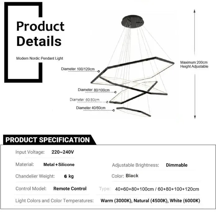 BAMDECOR AD2582/4 Modern LED Chandelier, Hexagonal Rings Ceiling Lighting Contemporary Chandeliers (4 Rings-Black) - Image 5