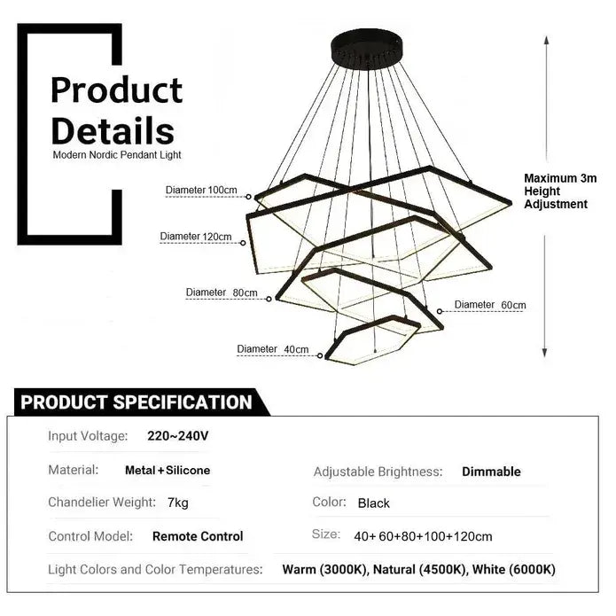 BAMDECOR AD2582/5 Modern LED Chandelier, Hexagonal Rings Ceiling Lighting Contemporary Chandeliers (5 Rings-Black) - Image 6