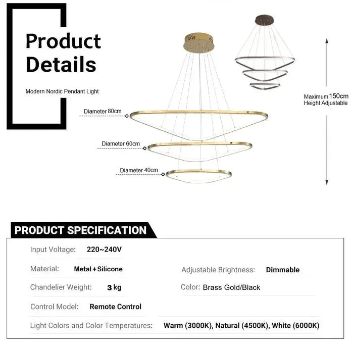 BAMDECOR AD2583 Modern Triangular LED Chandelier (Three Rings-Gold - Image 5