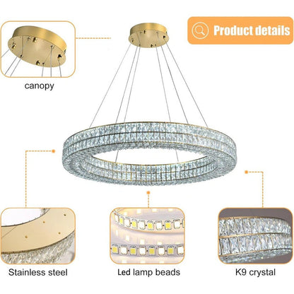 BAMDECOR C3332/1  Round Luxury Crystal Chandelier Modern LED Crystal Chandelier LED Ring Pendant Light Stainless Steel Ceiling Lamp Hanging Lights,for Dining Living Room (Gold) - Image 4