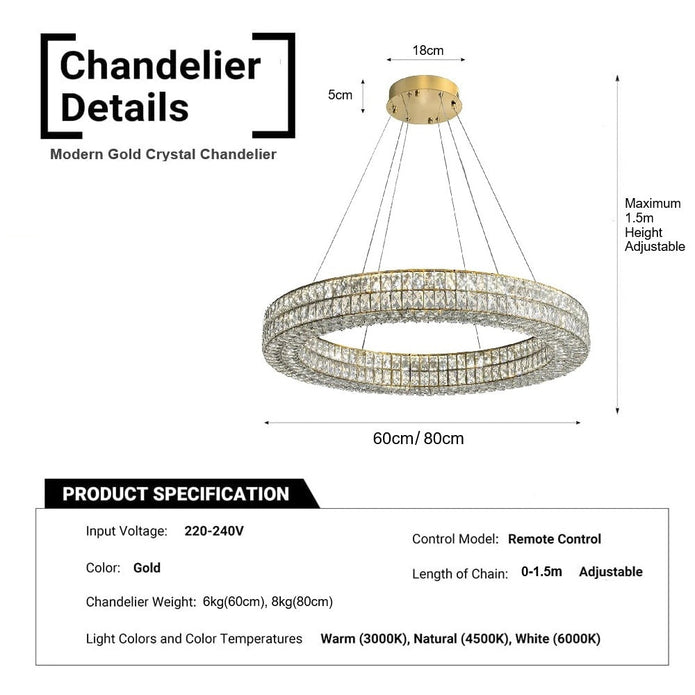 BAMDECOR C3332/1  Round Luxury Crystal Chandelier Modern LED Crystal Chandelier LED Ring Pendant Light Stainless Steel Ceiling Lamp Hanging Lights,for Dining Living Room (Gold) - Image 5
