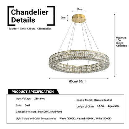 BAMDECOR C3332/1  Round Luxury Crystal Chandelier Modern LED Crystal Chandelier LED Ring Pendant Light Stainless Steel Ceiling Lamp Hanging Lights,for Dining Living Room (Gold) - Image 5
