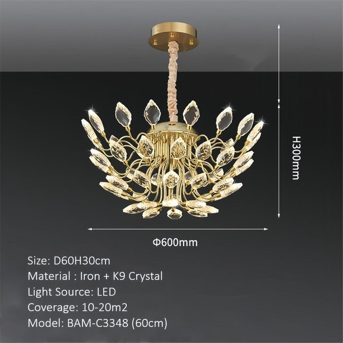 BAMDECOR C3348 Modern Luxury Crystal-leaf Chandelier LED Fashion Creativity Pendant Ceiling Lights(60cm-Gold) - Image 6