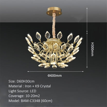 BAMDECOR C3348 Modern Luxury Crystal-leaf Chandelier LED Fashion Creativity Pendant Ceiling Lights(60cm-Gold) - Image 6