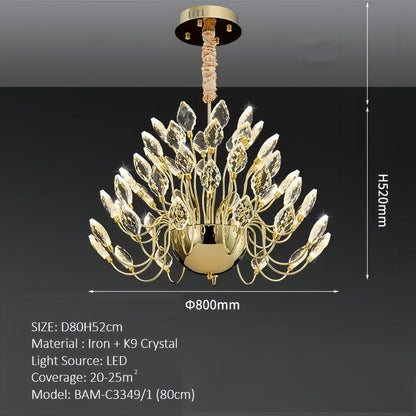 BAMDECOR C3349/1 Modern Luxury Crystal-leaf Chandelier LED Fashion Creativity Pendant Ceiling Lights(60cm-Gold) - Image 5