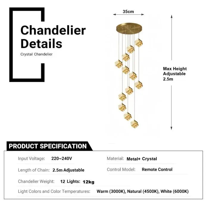 BAMDECOR LT02 12 Hanging Crystal Cube Chandelier LED Chandelier for Dining Room, Luxury Dimmable Enterway Led Pendant Lights Fixture (Gold) - Image 6