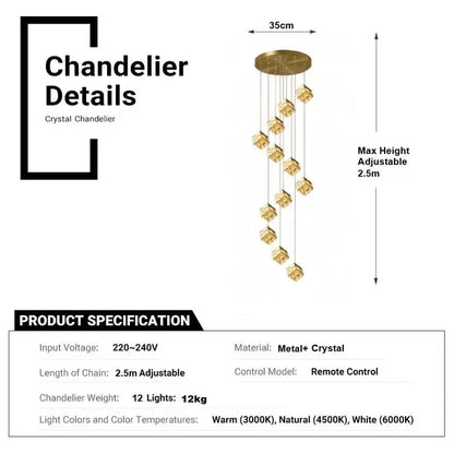 BAMDECOR LT02 12 Hanging Crystal Cube Chandelier LED Chandelier for Dining Room, Luxury Dimmable Enterway Led Pendant Lights Fixture (Gold) - Image 6