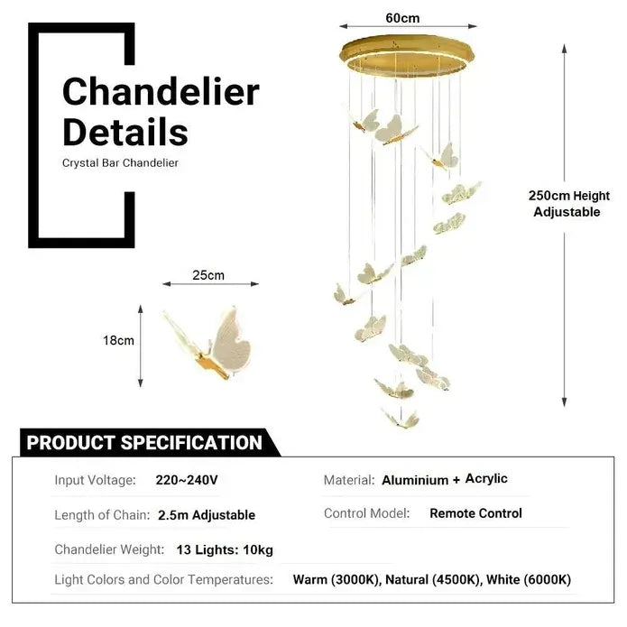BAMDECOR LT05 13 Nordic Butterfly Luxury Chandeliers Pendant Lights for Villa Stair Home Decoration Modern Style Exquisite Chandelier (Gold) - Image 6