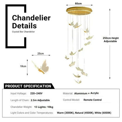 BAMDECOR LT05 13 Nordic Butterfly Luxury Chandeliers Pendant Lights for Villa Stair Home Decoration Modern Style Exquisite Chandelier (Gold) - Image 6