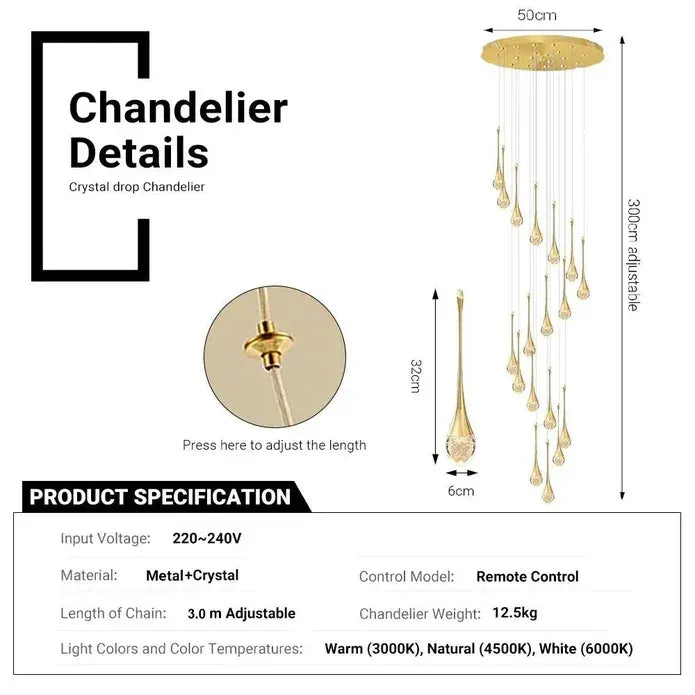 BAMDECOR LT08 18-Heads Solid Crystal Teardrop Chandelier High Ceiling Foyers Entrance Chandeliers Staircase Long Pendant Light (Gold) - Image 6