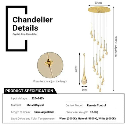 BAMDECOR LT08 18-Heads Solid Crystal Teardrop Chandelier High Ceiling Foyers Entrance Chandeliers Staircase Long Pendant Light (Gold) - Image 6