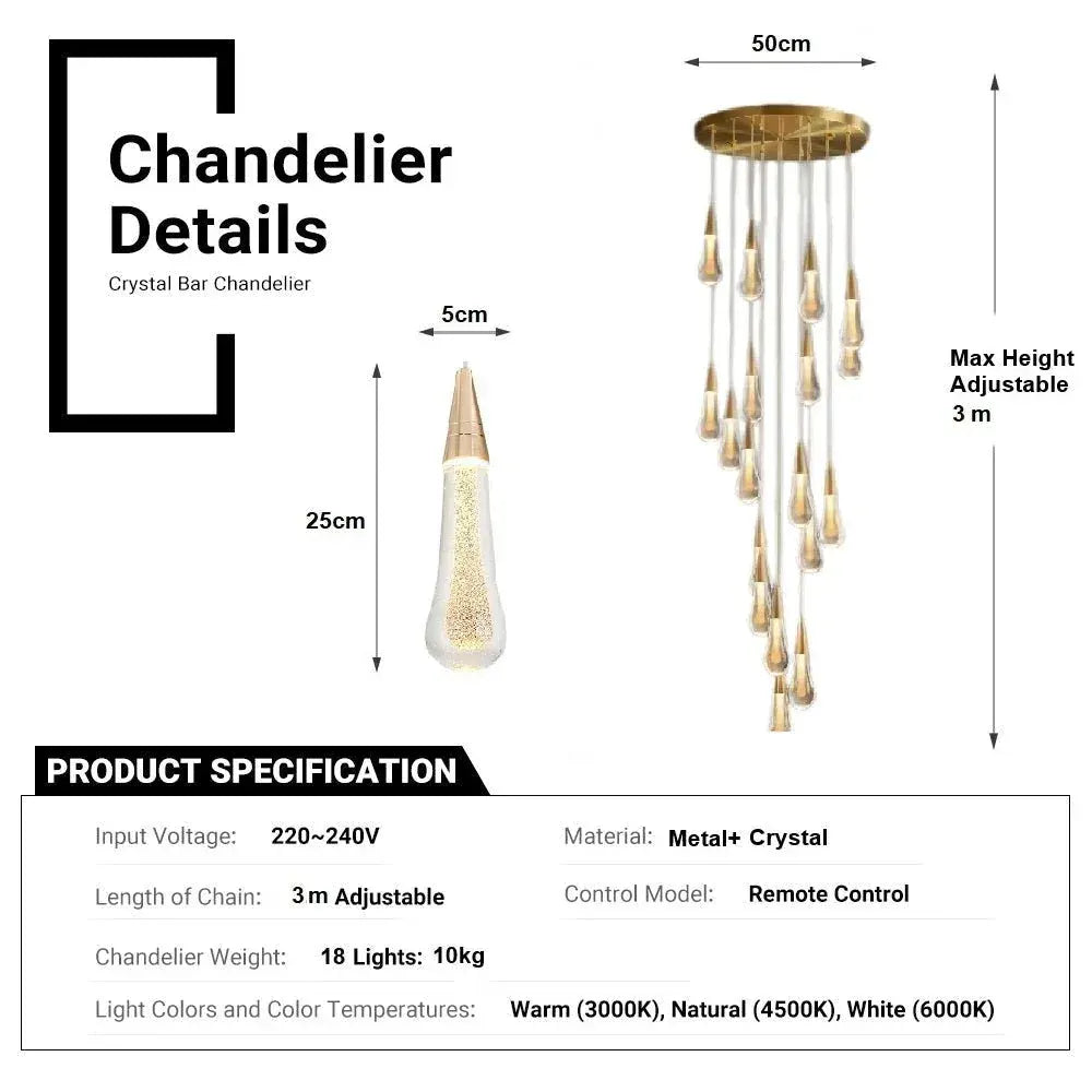 BAMDECOR LT12 18-Heads Solid Crystal Rain drop Chandelier High Ceiling Foyers Entrance Chandeliers Staircase Long Pendant Light (Gold) - Image 5