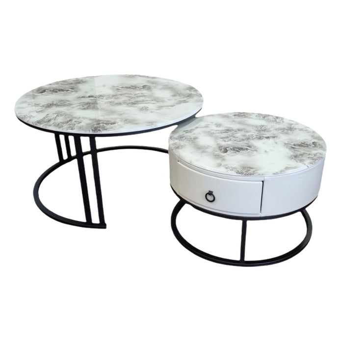 Snowy Mountain Faux Modern Marble Slate Nesting Coffee Table Set Leather Wrapped Wood Drawers - Image 2