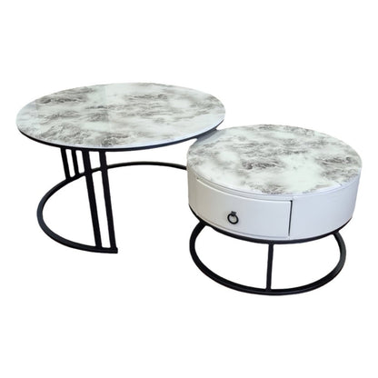 Snowy Mountain Faux Modern Marble Slate Nesting Coffee Table Set Leather Wrapped Wood Drawers - Image 2