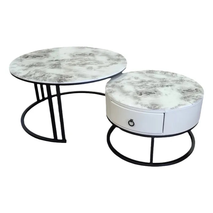 Snowy Mountain Faux Modern Marble Slate Nesting Coffee Table Set Leather Wrapped Wood Drawers - Image 2