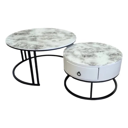 Snowy Mountain Faux Modern Marble Slate Nesting Coffee Table Set Leather Wrapped Wood Drawers - Image 2