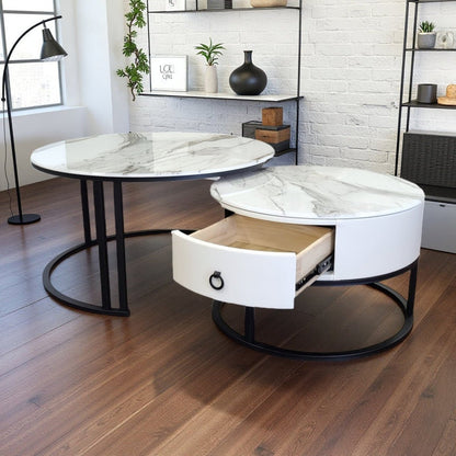 Snowy Mountain Faux Modern Marble Slate Nesting Coffee Table Set Leather Wrapped Wood Drawers - Image 3