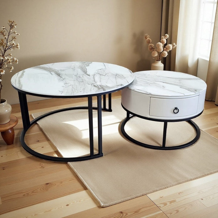 Snowy Mountain Faux Modern Marble Slate Nesting Coffee Table Set Leather Wrapped Wood Drawers - Image 4