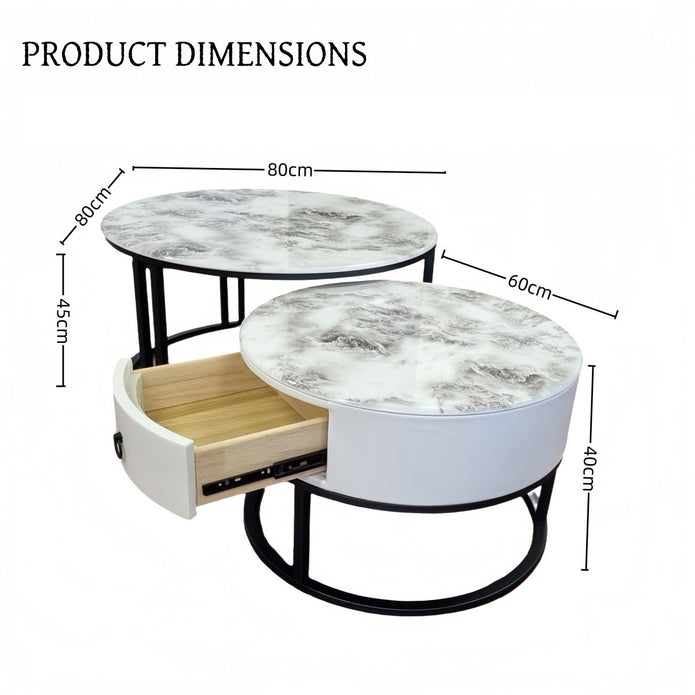 Snowy Mountain Faux Modern Marble Slate Nesting Coffee Table Set Leather Wrapped Wood Drawers - Image 5