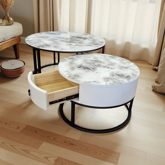 Snowy Mountain Faux Modern Marble Slate Nesting Coffee Table Set Leather Wrapped Wood Drawers - Image 2
