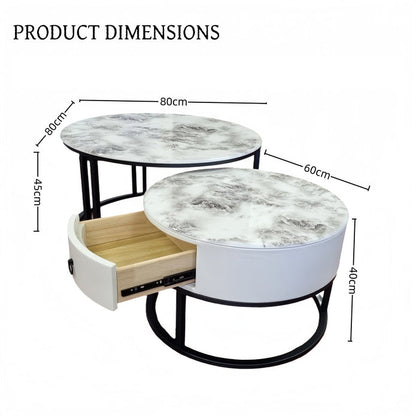 Snowy Mountain Faux Modern Marble Slate Nesting Coffee Table Set Leather Wrapped Wood Drawers - Image 3