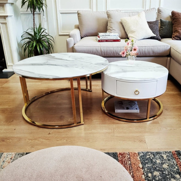 Snowy Mountain Faux Modern Marble Slate Nesting Coffee Table Set Leather Wrapped Wood Drawers - Image 2
