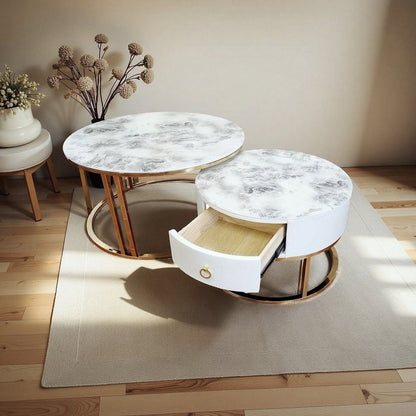 Snowy Mountain Faux Modern Marble Slate Nesting Coffee Table Set Leather Wrapped Wood Drawers - Image 2