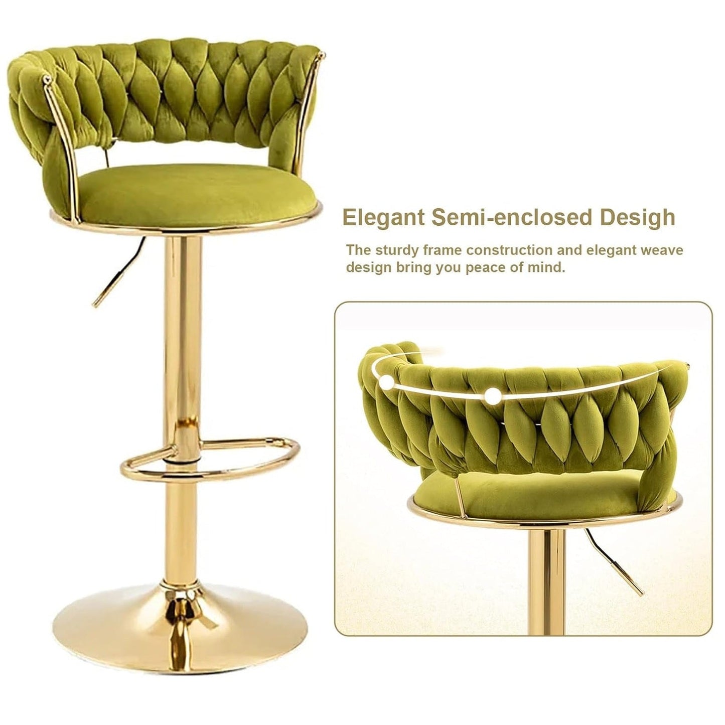 SERENITà 2x Height Adjustable Swivel Bar Stool Velvet Golden Base Barstools Chairs Padded Seat Olive Green - Image 3