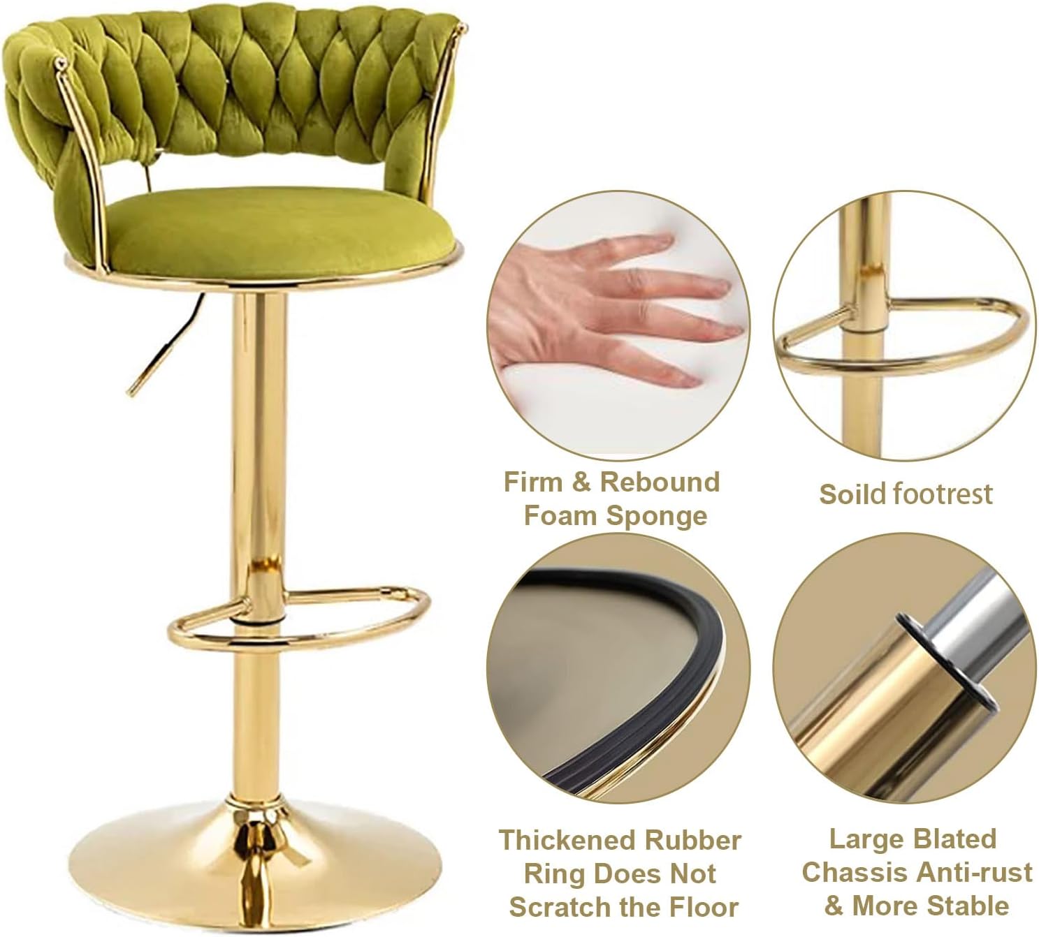 SERENITà 2x Height Adjustable Swivel Bar Stool Velvet Golden Base Barstools Chairs Padded Seat Olive Green - Image 4