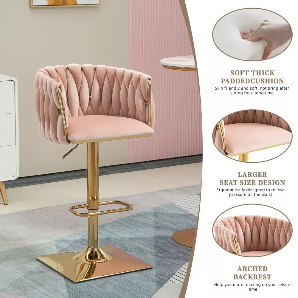 SERENITà Modern Velvet Breakfast Bar Stools Swivel Barstools Adjustable Counter Stools with Backrest Set of 2 Pink - Image 4