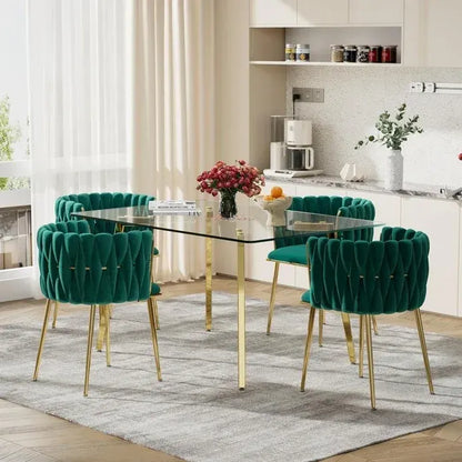 SERENITà Emerald Green Modern Hand Weaving Dining Chairs,Velvet Upholstered Side Chairs with Gold Legs, Chic Vanity Chairs with Armrest, Accent Chair for Dining Room, and Cafe Set of 2