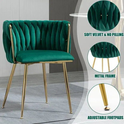 SERENITà Emerald Green Modern Hand Weaving Dining Chairs,Velvet Upholstered Side Chairs with Gold Legs, Chic Vanity Chairs with Armrest, Accent Chair for Dining Room, and Cafe Set of 2 - Image 2