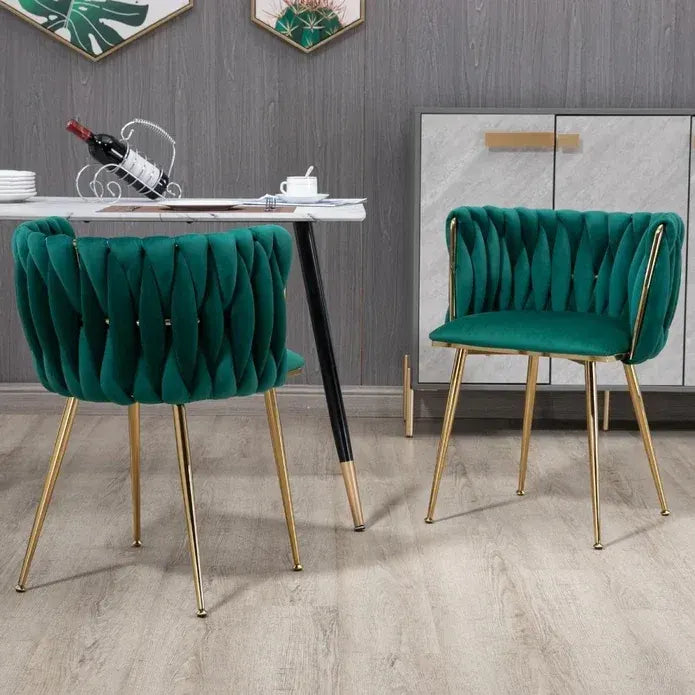 SERENITà Emerald Green Modern Hand Weaving Dining Chairs,Velvet Upholstered Side Chairs with Gold Legs, Chic Vanity Chairs with Armrest, Accent Chair for Dining Room, and Cafe Set of 2 - Image 3