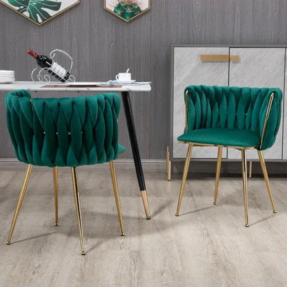 SERENITà Emerald Green Modern Hand Weaving Dining Chairs,Velvet Upholstered Side Chairs with Gold Legs, Chic Vanity Chairs with Armrest, Accent Chair for Dining Room, and Cafe Set of 2 - Image 3