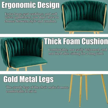SERENITà Emerald Green Modern Hand Weaving Dining Chairs,Velvet Upholstered Side Chairs with Gold Legs, Chic Vanity Chairs with Armrest, Accent Chair for Dining Room, and Cafe Set of 2 - Image 4