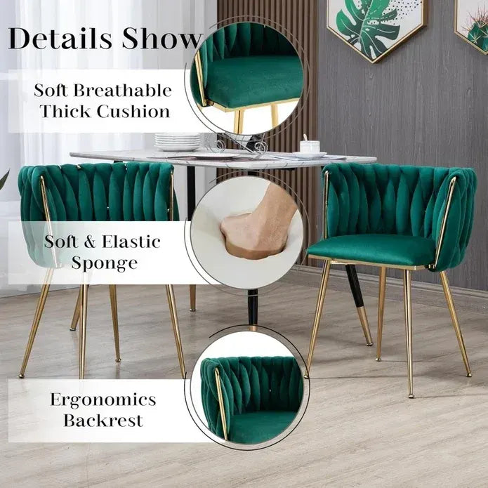 SERENITà Emerald Green Modern Hand Weaving Dining Chairs,Velvet Upholstered Side Chairs with Gold Legs, Chic Vanity Chairs with Armrest, Accent Chair for Dining Room, and Cafe Set of 2 - Image 5
