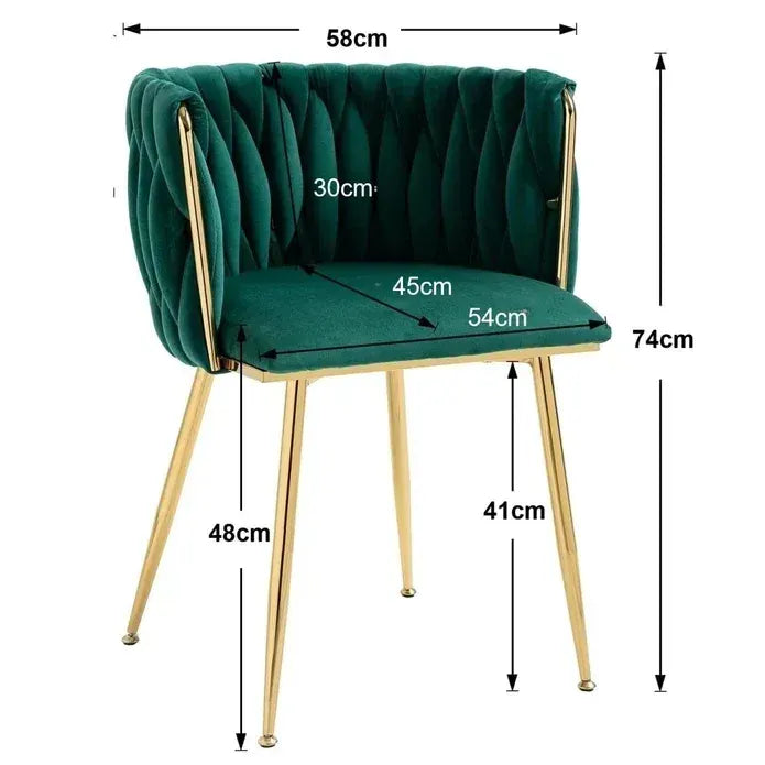SERENITà Emerald Green Modern Hand Weaving Dining Chairs,Velvet Upholstered Side Chairs with Gold Legs, Chic Vanity Chairs with Armrest, Accent Chair for Dining Room, and Cafe Set of 2 - Image 6