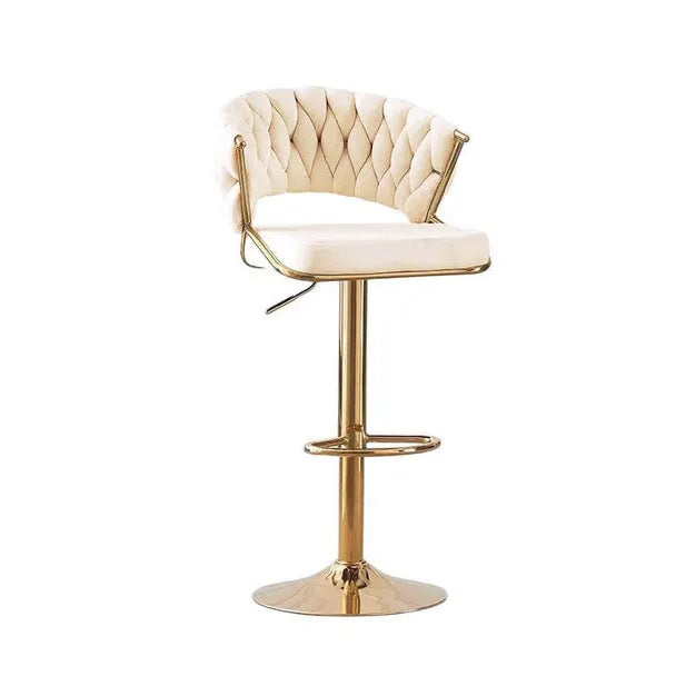 2x Height Beige Velvet Padded Golden Round Base Barstools Chairs - Image 2