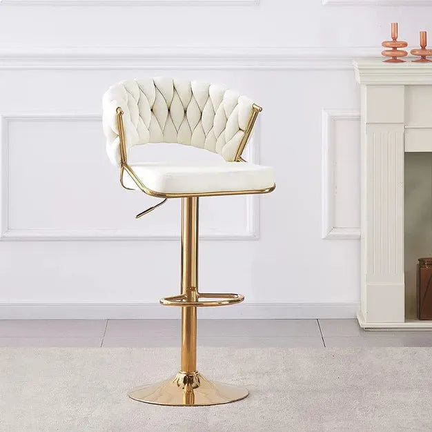 2x Height Beige Velvet Padded Golden Round Base Barstools Chairs - Image 3