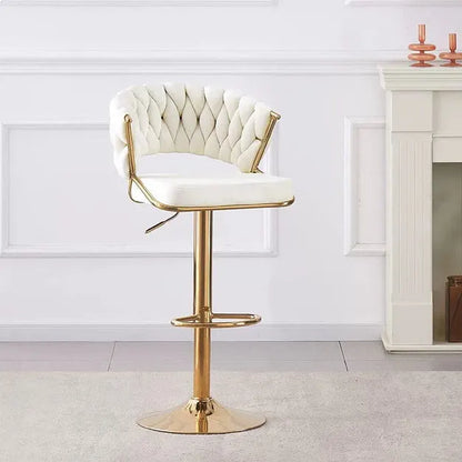 2x Height Beige Velvet Padded Golden Round Base Barstools Chairs - Image 3