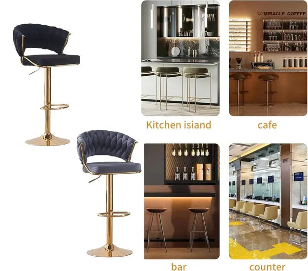 2x Height Beige Velvet Padded Golden Round Base Barstools Chairs - Image 4