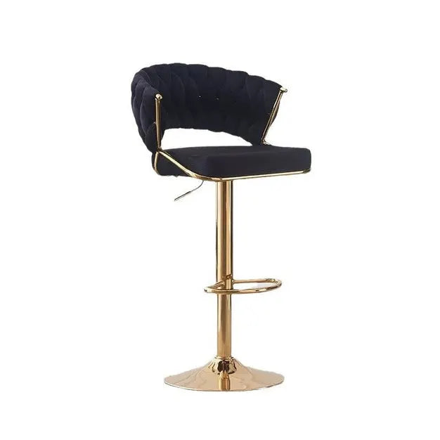 2x Height Black Velvet Padded Golden Round Base Barstools Chairs - Image 2