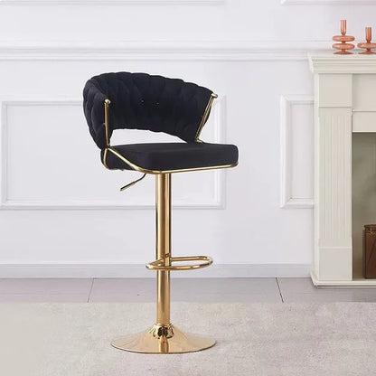 2x Height Black Velvet Padded Golden Round Base Barstools Chairs - Image 3