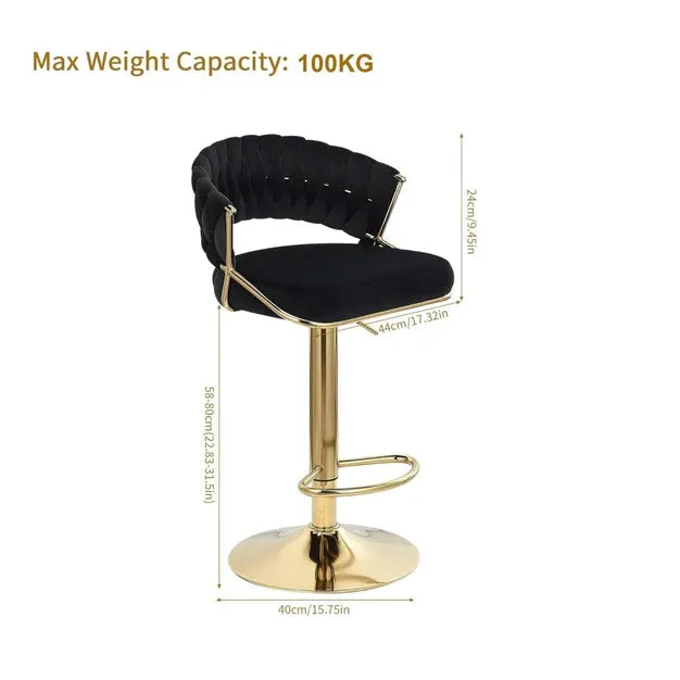 2x Height Black Velvet Padded Golden Round Base Barstools Chairs - Image 4