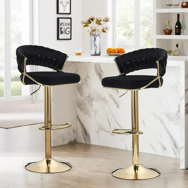 2x Height Black Velvet Padded Golden Round Base Barstools Chairs - Image 5
