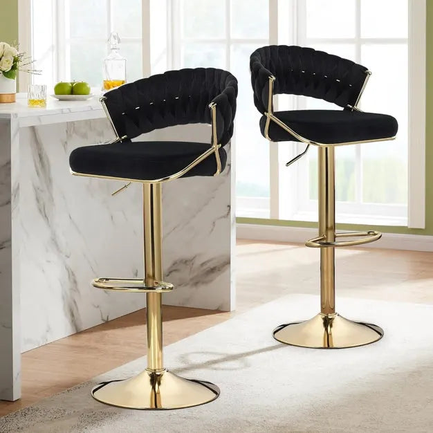 2x Height Black Velvet Padded Golden Round Base Barstools Chairs - Image 6